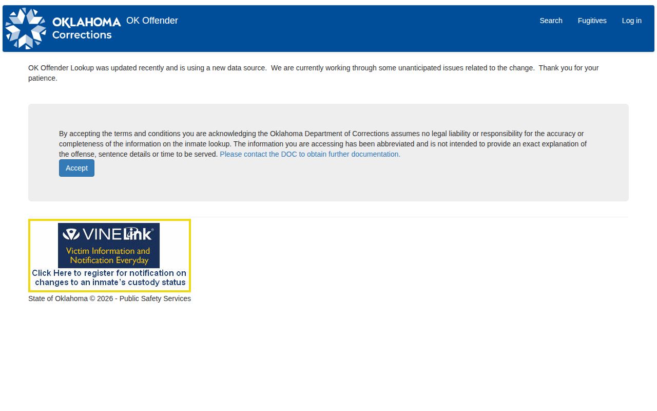 Cleveland County released inmate ODOC lookup disclaimer and search access