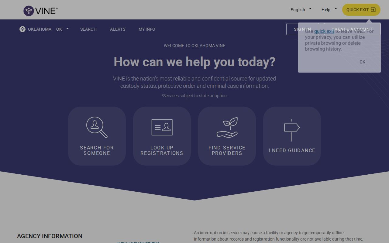 Oklahoma VINELink search and custody notification interface